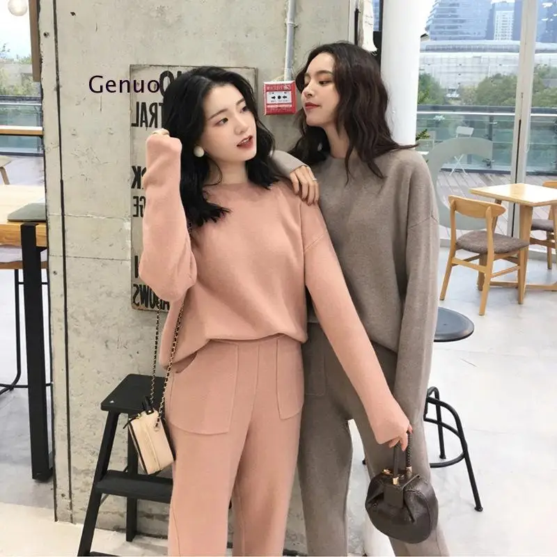 Winter Casual Sweater Tracksuits O-Neck Long Sleeve Jumpers & Elastic Waist Pants Female Knitted 2 Pieces Set