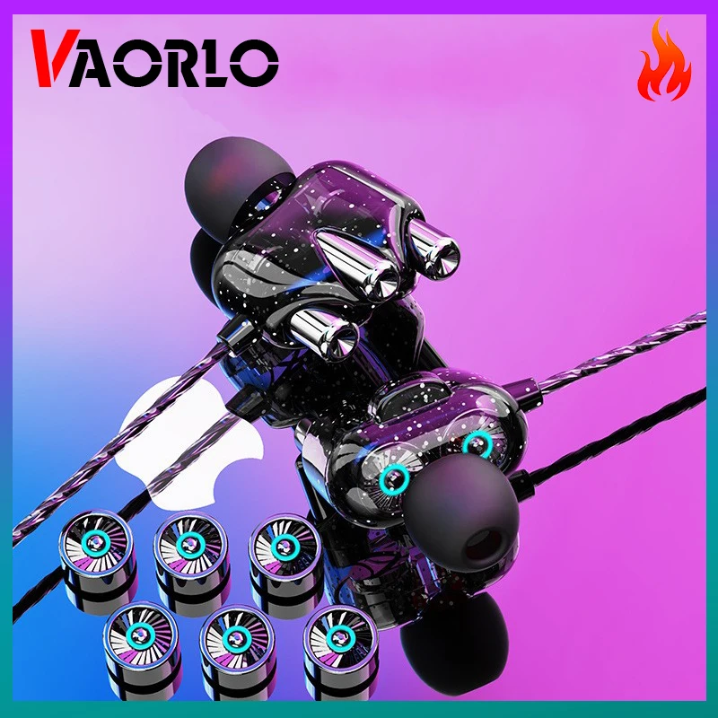 VAORLO 3.5mm In-Ear HIFI Earphone Transparent Quad-core Dual Dynamic Speaker Wired Headphone Sport Gaming Music Earbud Headset