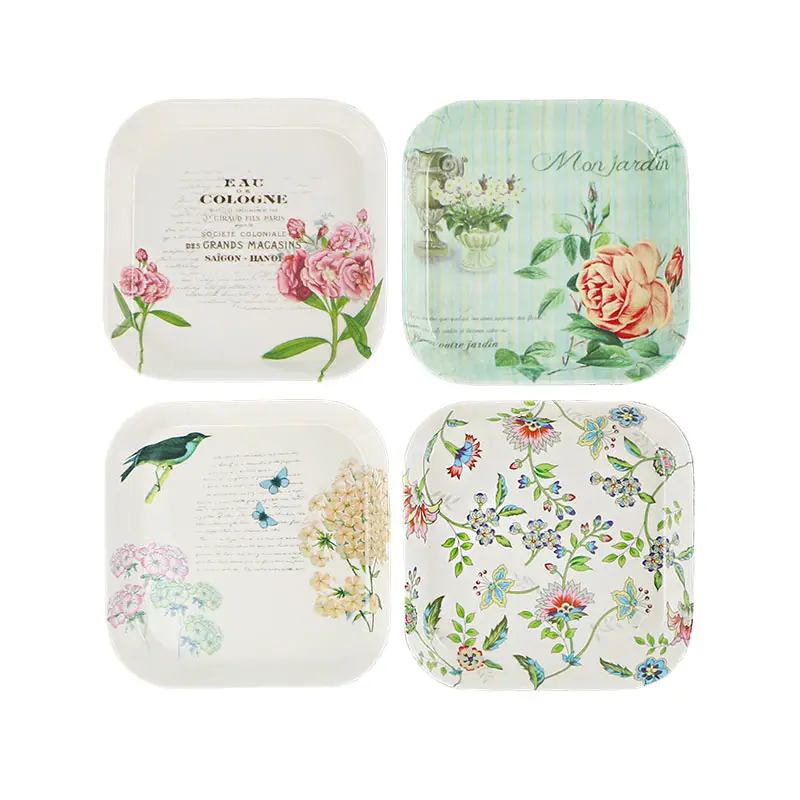 

2pcs 14cm Square Dessert Tray Bread Plates Anti Shock Melamine Europe Floral Dishes and Plates Sets Christmas Plate Fruit Plates