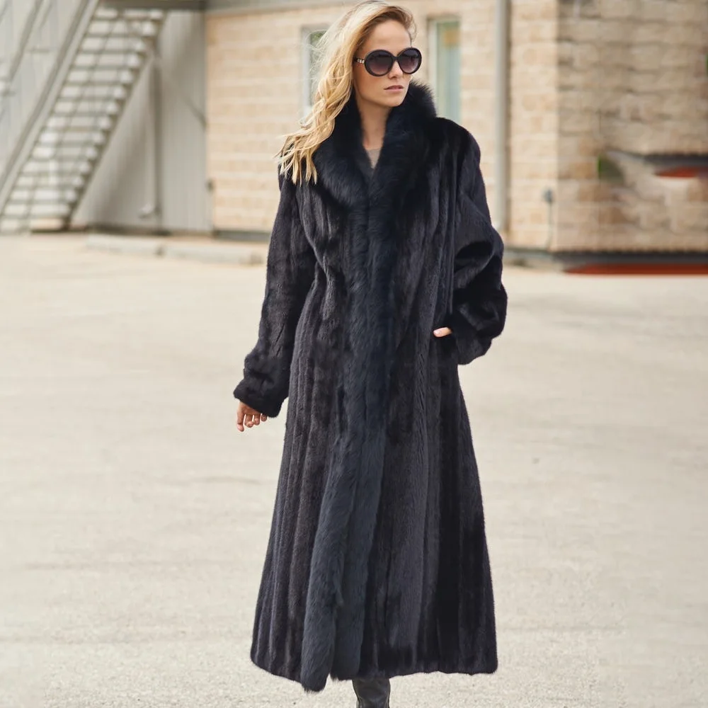 TOPFUR 100% Genuine Real Mink Fur Coat Black Long Sleeve With Fox Fur Collar 120 Cm Length Woman Winter Warm Jacket