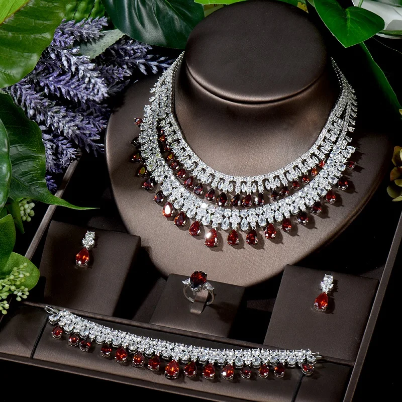 HIBRIDE Vintage Wedding Party Jewelry Set Water Drop Zircon Necklace Earring Bracelet and Ring Set for Women Bridal Gift N-866