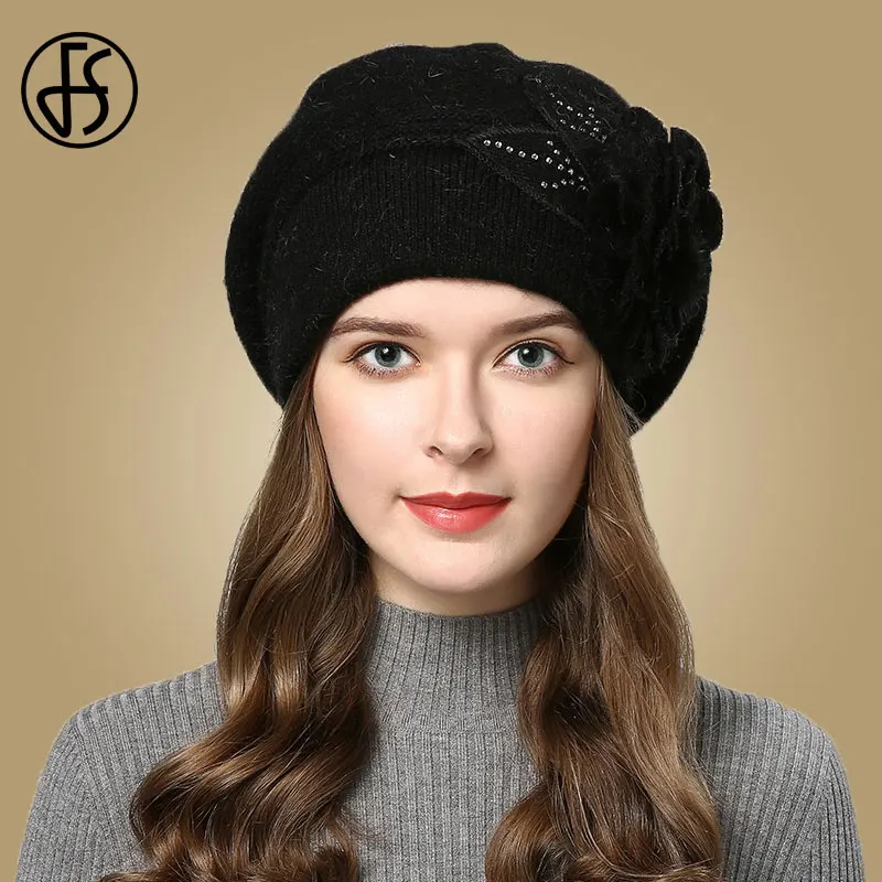 FS Women Berets Knitted Wool Hats Winter Flowers Warm Female Cap Girls Beanies Rabbit Fur Hat Gorros Bonnet Femme Hiver 2020