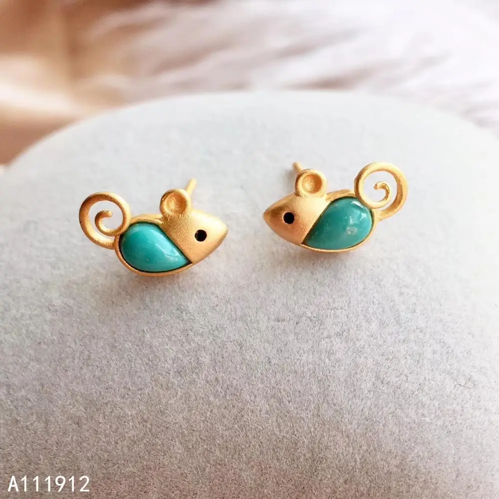KJJEAXCMY Fine Jewelry Natural Blue Turquoise 925 Sterling Silver Women's Earrings New Mouse Ear Studs Support Test Popular