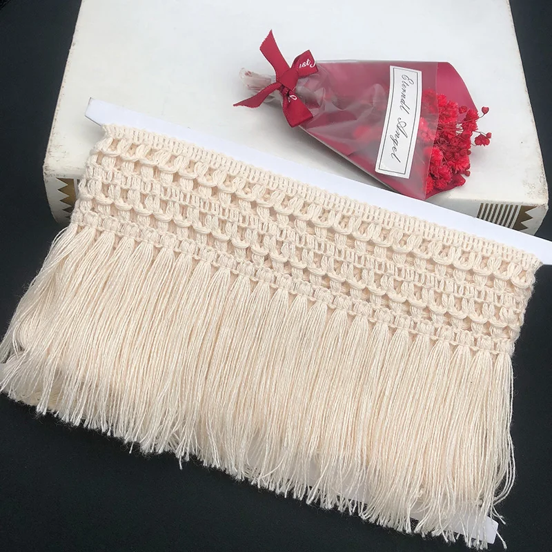 1Y 14CM Wide Beige Cotton Thread 3D Lace Fabric Weaved Ribbon Tassel DIY Material Curtains Garment Accessories Decoration