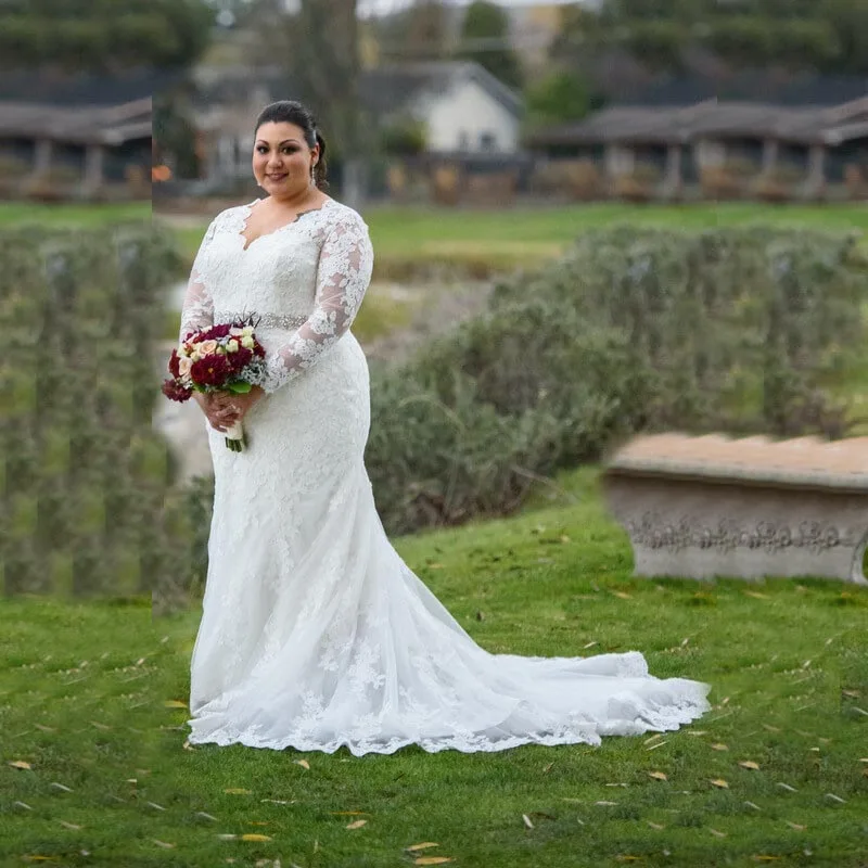 Vestidos de novia encantadores de talla grande, escote en V de encaje, cinturón con cuentas, vestidos de novia de manga larga, vestido de sirena, novedad de 2024