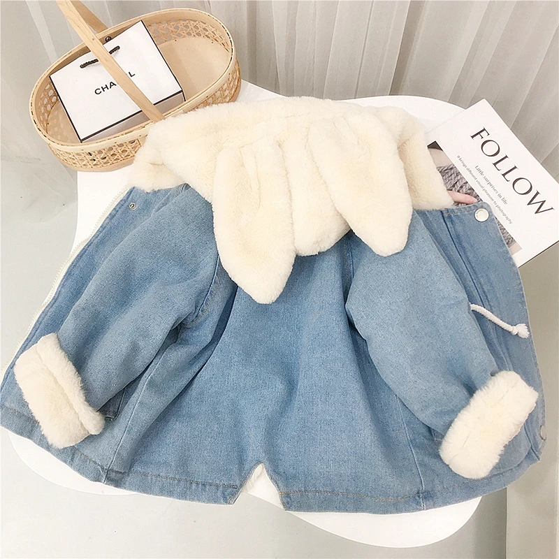 Autumn Winter Thick Warm Kid Denim Coat Baby Girls Cute Rabbit Ears Hooded Velvet Fur Jackets Outerwear Children Overcoat 2-6Y