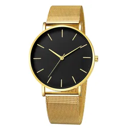 Relojes de lujo para hombre, pulsera de cuarzo con banda de malla de acero inoxidable dorado, Masculino