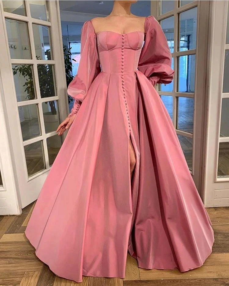 Vestidos de baile cor-de-rosa elegantes, vestidos de noite de tafetá com fenda alta, amor, linha a, vestidos de festa longos com botões