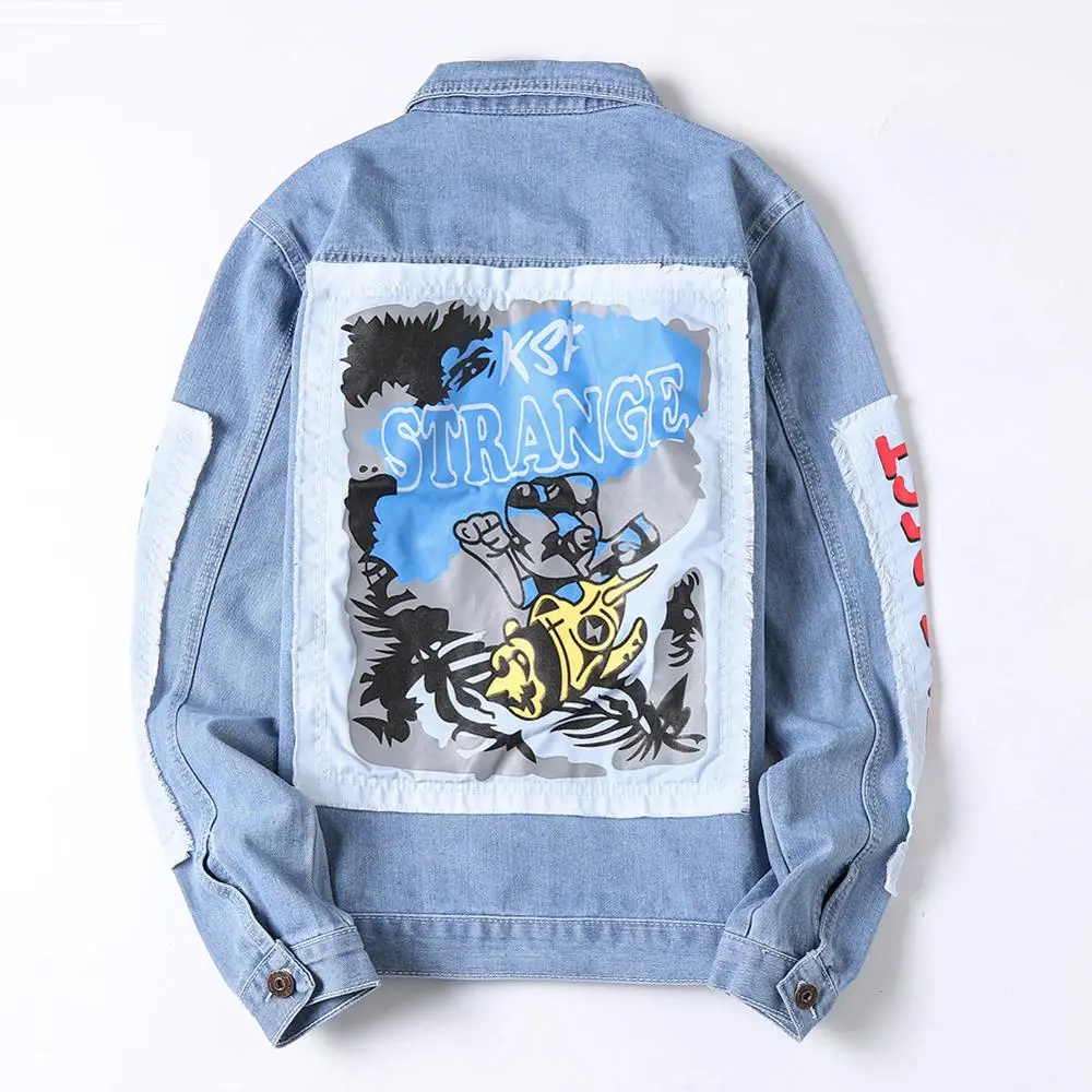 EH·MD® Embroidered Patchwork Denim Jacket Slim Fit  Cotton Line Print Black and Light Blue Shirt Pocket Decoration Wild Youth