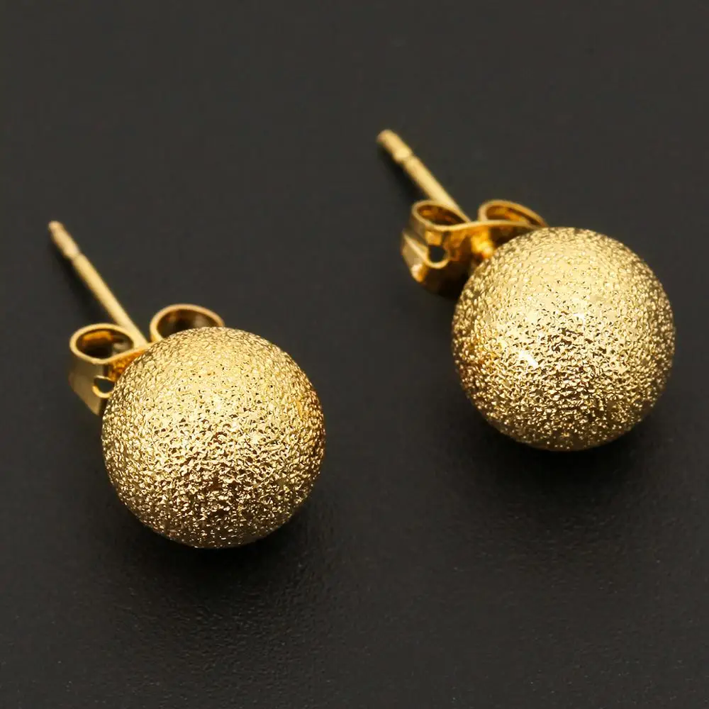 Gold Color Dull Polished Brass Ball Stud Earrings Men Girls Boys Earrings Round Jewelry