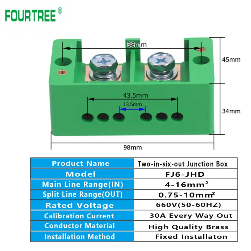 2 In 6 Out High Power Junction Box Quick Connect 220V Single Phase Household Zero-fire Shunt Terminal Block Box Metering Case