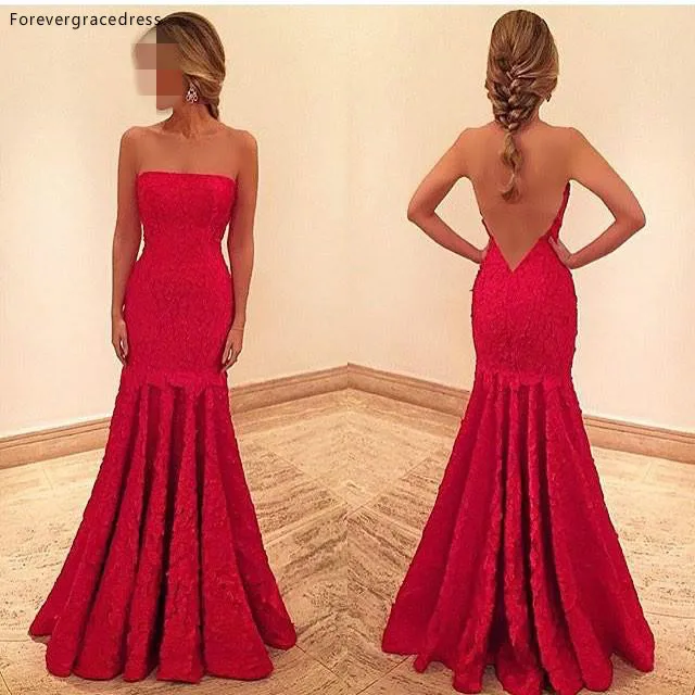 New Red Meramid Long Prom Dress Strapless V Back Lace Dubai African Formal Holiday Wear Party Gown Custom Made Plus Size