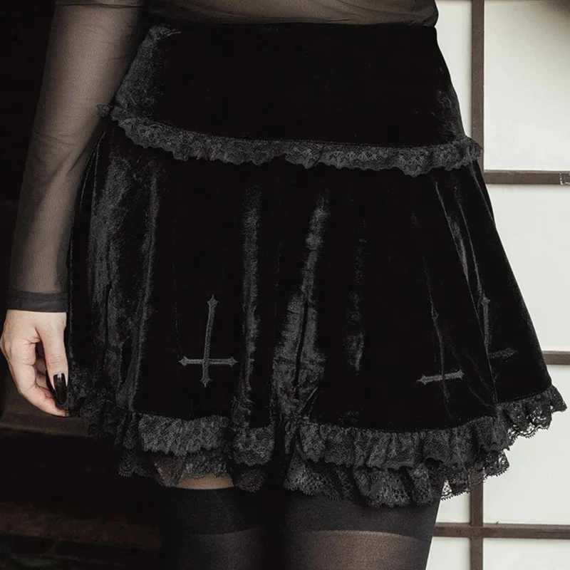 Goth Black Velvet Lace Trim Mini Skirts for Women Y2K Sexy Vintage Cross Embroidery A Line High Waist Pleated Short Skirt Summer