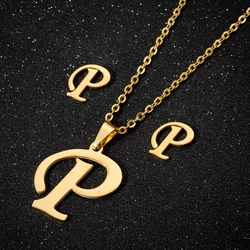 Simple 316 Stainless Steel English Name 26 Letters Jewelry Charm Letter P Pendant Chain Necklaces Set for Monther Sister Gift