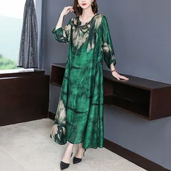 ZUOMAN 2025 Loose Casual Print Mulberry Silk Maxi Dress Spring Summer Vintage 4XL Plus Size Dress Elegant Women Bodycon Party Ve