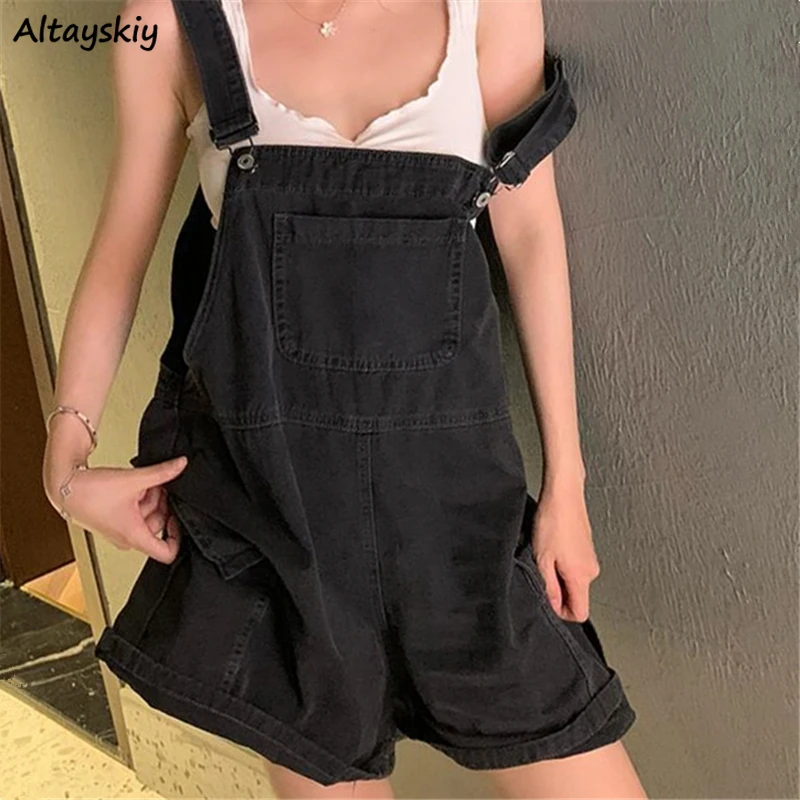 Denim Rompers Women Summer Vintage Pockets Modern Baggy Knee-length Playsuits Harajuku Students Trousers Chic Unisex BF Ulzzang