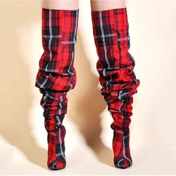 Big Size 44 Plaid Print Side Half-zip Over Knee High Pile Of Boots For Women Stiletto Ladies Pointed Toe Thigh High Long Booties