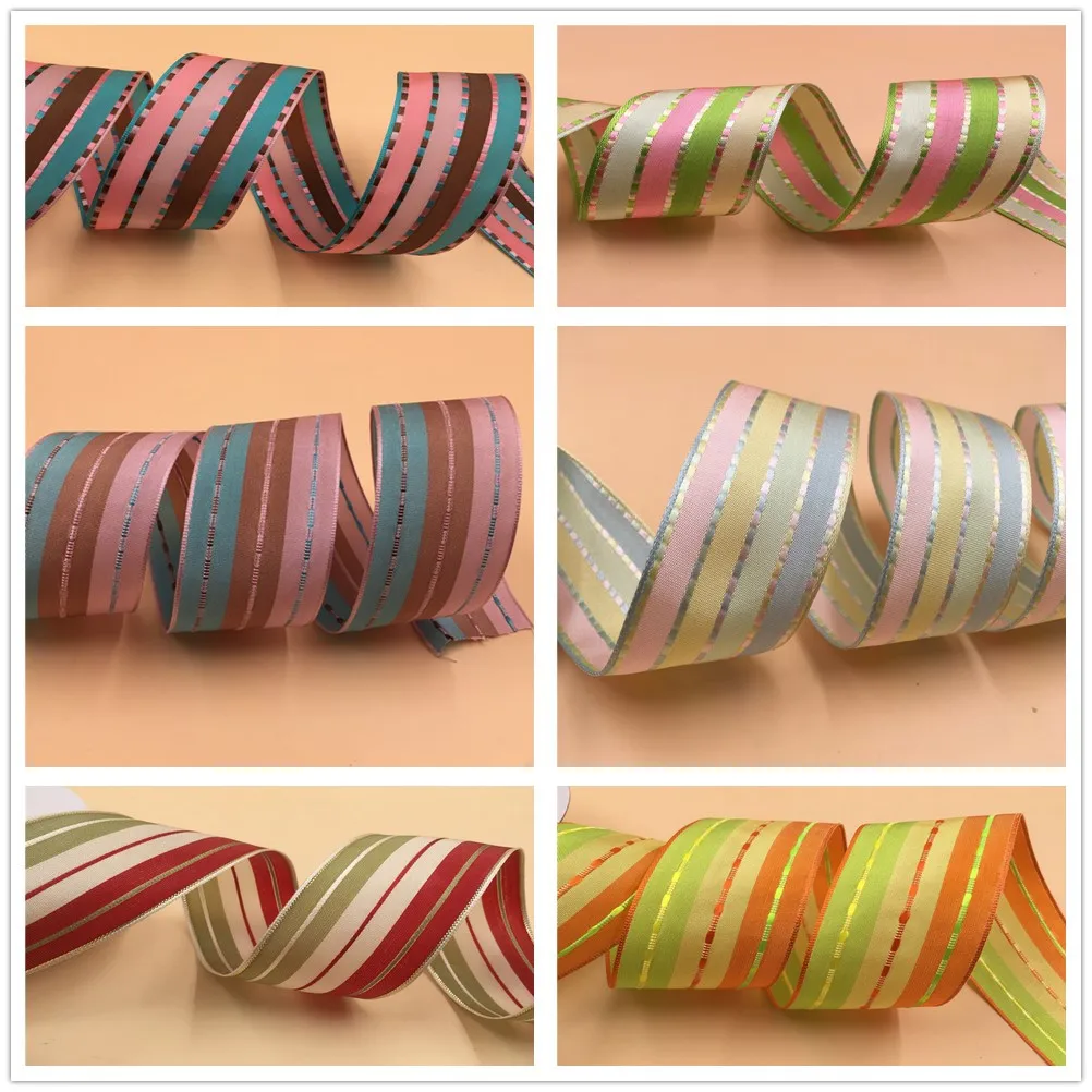 

1.5 Inch Muticolors Stitched Stripes Taffeta Wired Ribbon for Gift Box Wrapping 25 Yards Spool