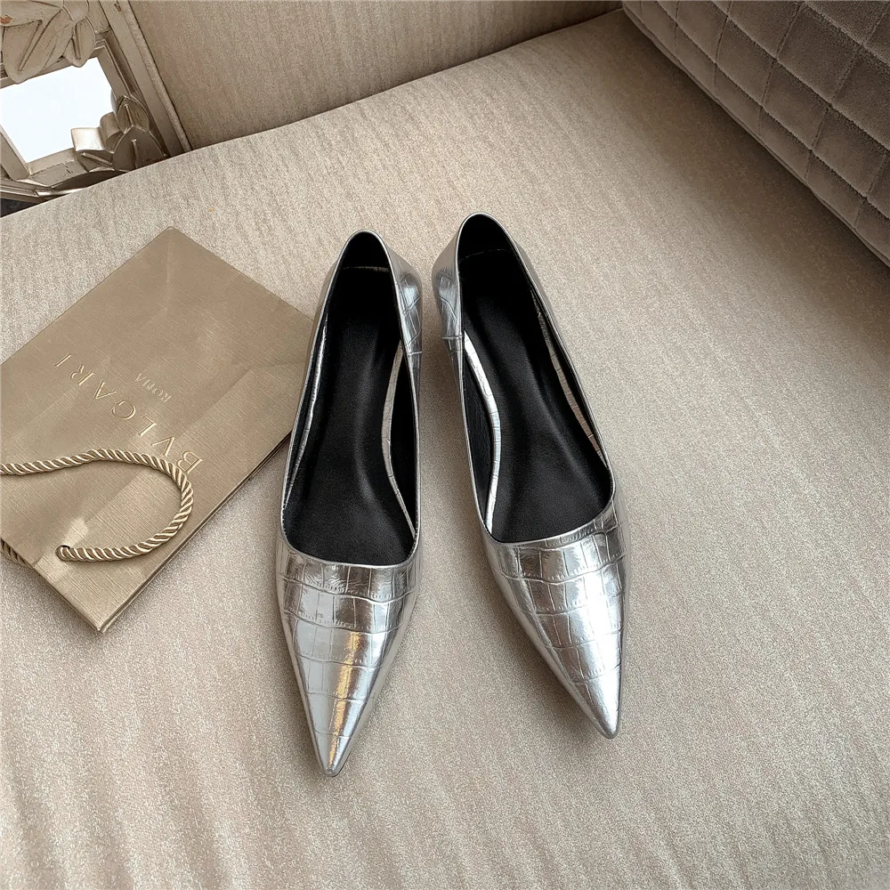 MILI-MIYA New Arrival Women Cow Leather Pumps Sexy Pointed Toe Slip On Low Thick Heels Silver Color Dress Party Shoes Size 34-43