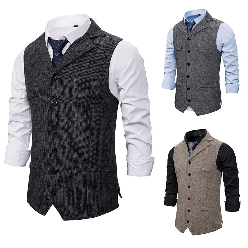 Autumn Business Vest Men\'s Clothing Male Lapel Casual Men Suit Vest With Pockets Vest Outerwear Chaleco Hombre