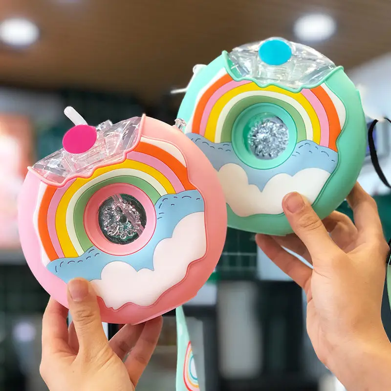 380ml Cute Water Bottle Portable Cartoon Donut Shape Kid Kettle Cold Kettle Outdoor Tool Cute Cartoon Water Bottle with Straw