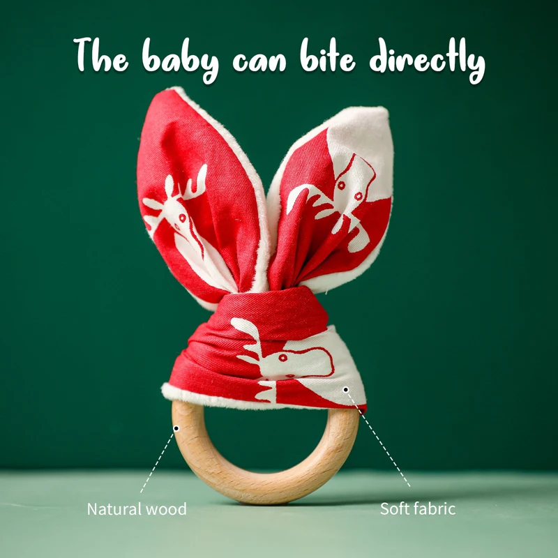 Bopoobo 1Pc Baby Christmas Wooden Circle Ring Bunny Ear Rattle Toy Wood Rodent Rattle Mobile Gym Newborn Christmas Gifts for Kid