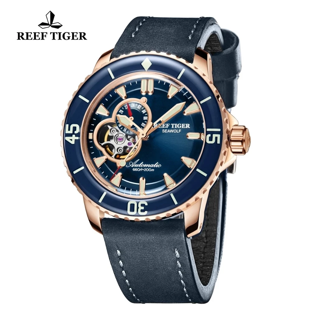 Reef Tiger/RT Top Dive Sport Men Mechanical Watches 200m Waterproof Watch Rose Gold Case Super Luminous Automatic Watch