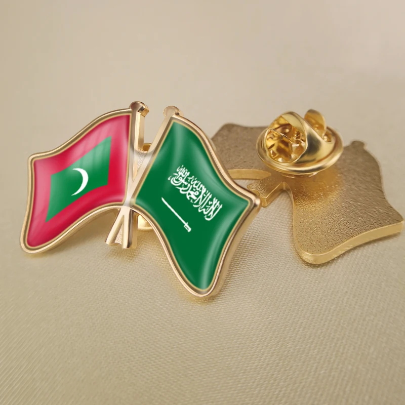 Maldives and Saudi Arabia Crossed Double Friendship Flags Lapel Pins Brooch Badges