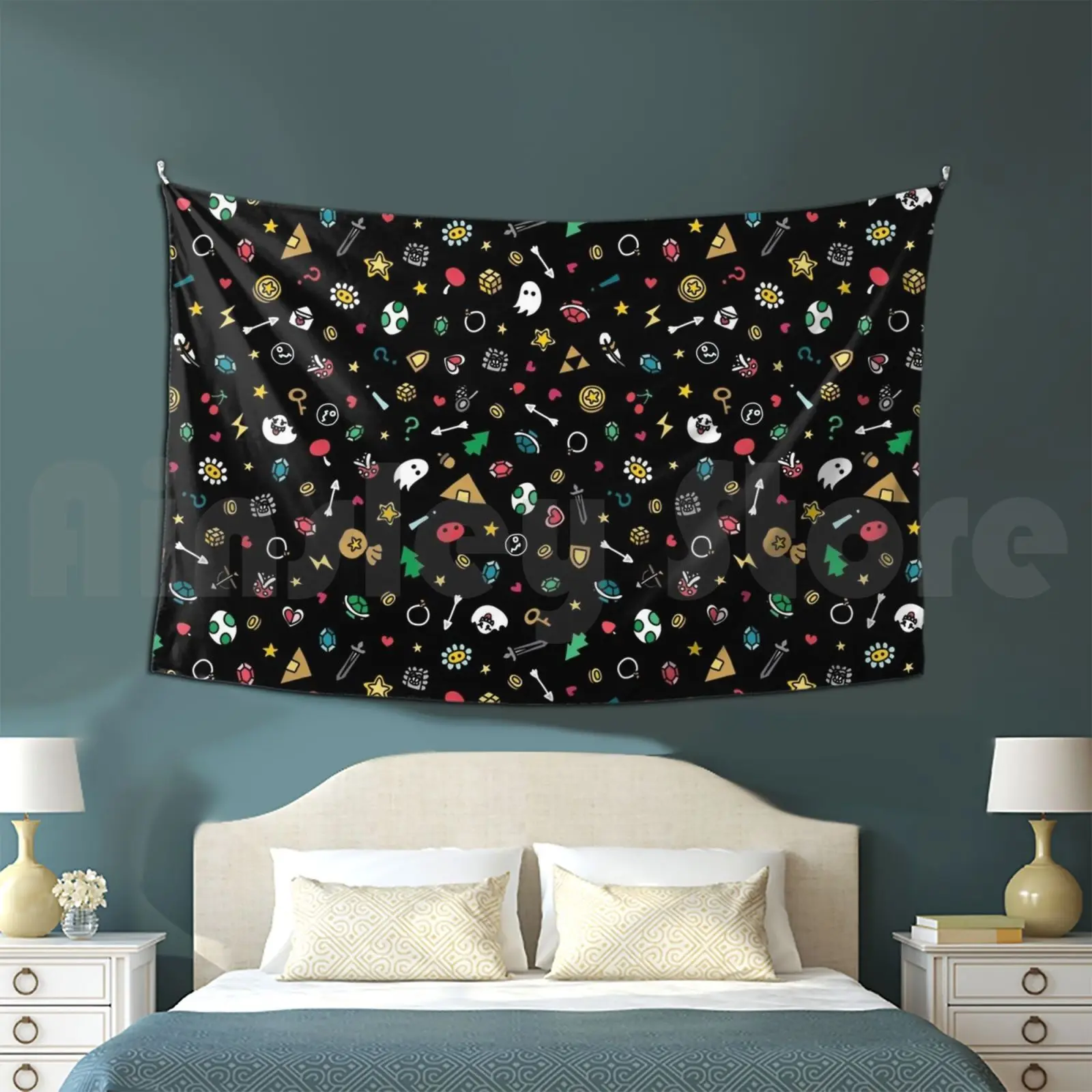 Retro Video Games Doodles Tapestry Living Room Bedroom Video Games Video Game Gamer Geek Geeky Nerd Nerdy Kawaii