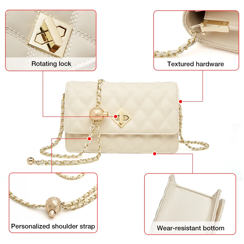 LAORENTOU Lady Split Leather Chain Shoulder Crossbody  Bag Commute Soft Messenger Bag For Women Stylish Female Lattice Sling Bag