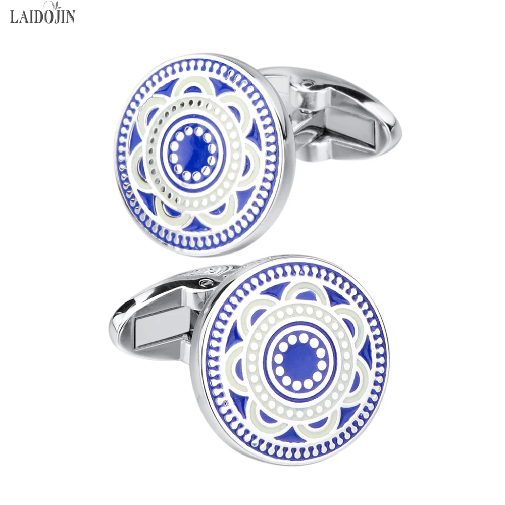 LAIDOJIN Luxury Shirt Cufflinks For Mens High Quality Blue Enamel Flower Pattern Wedding Cuff links Brand Male Cuff Accessories