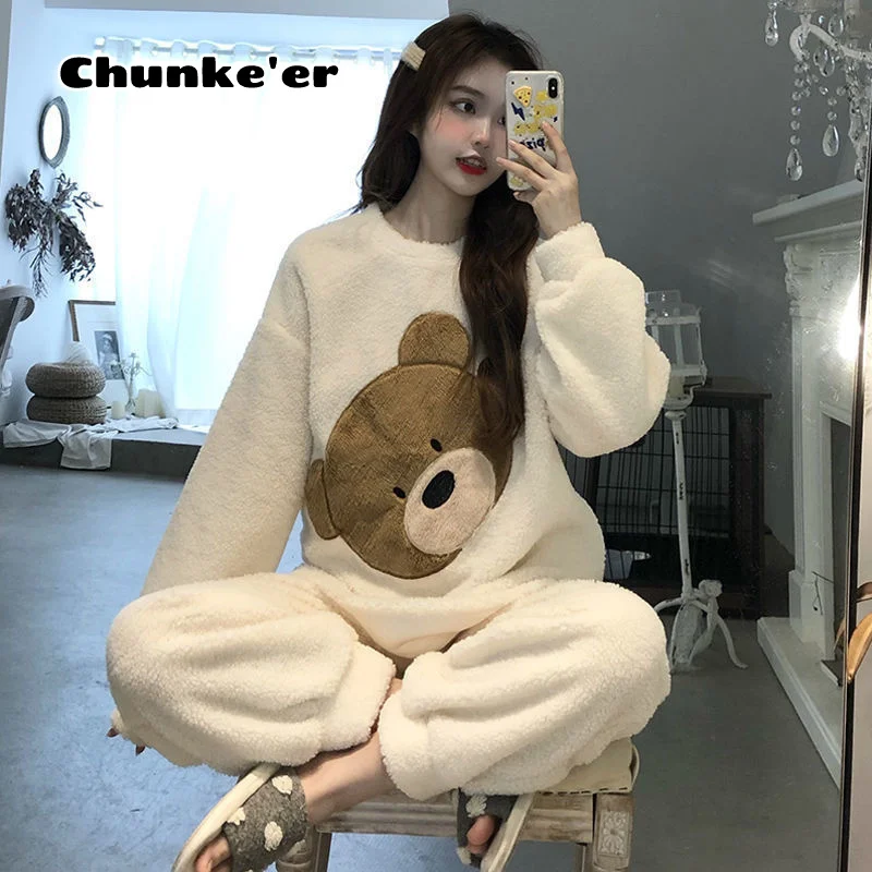 

Winter Plush Pajamas Female Winter Coral Plush Cute Cartoon Plush Autumn And Winter Thickened Flannel Home Clothes Set