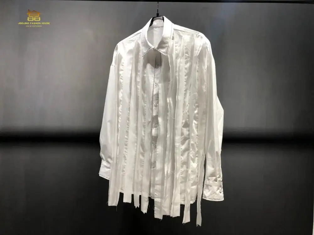 

S-6XL!!Fringe bright line design white shirt short-sleeved loose double collar shirt plus-size men and women couples