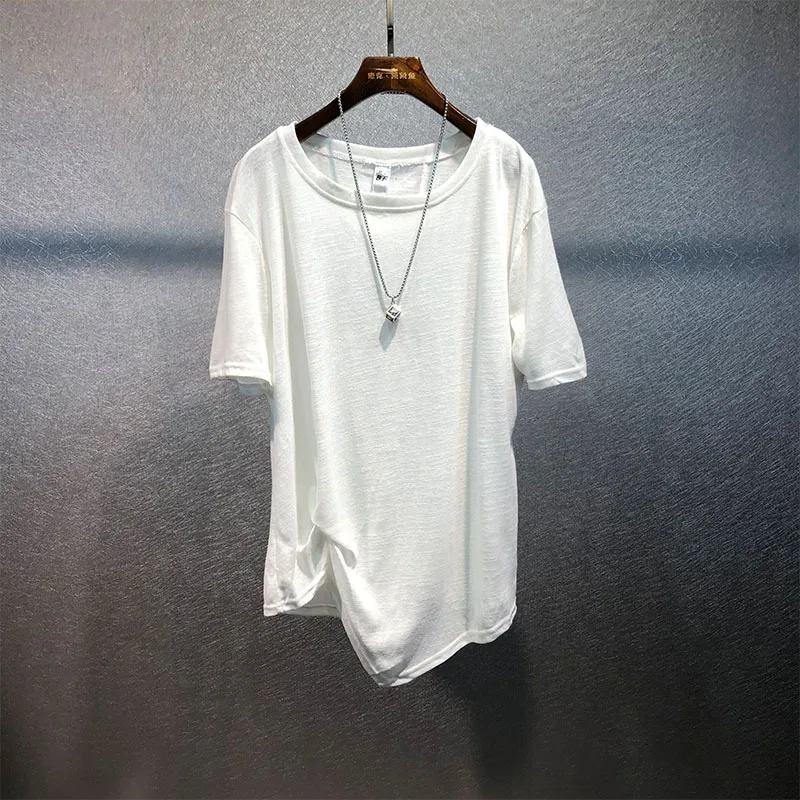 

Men's new personality simple design black and white traditional style simple asymmetrical hem loose fashion short sleeves