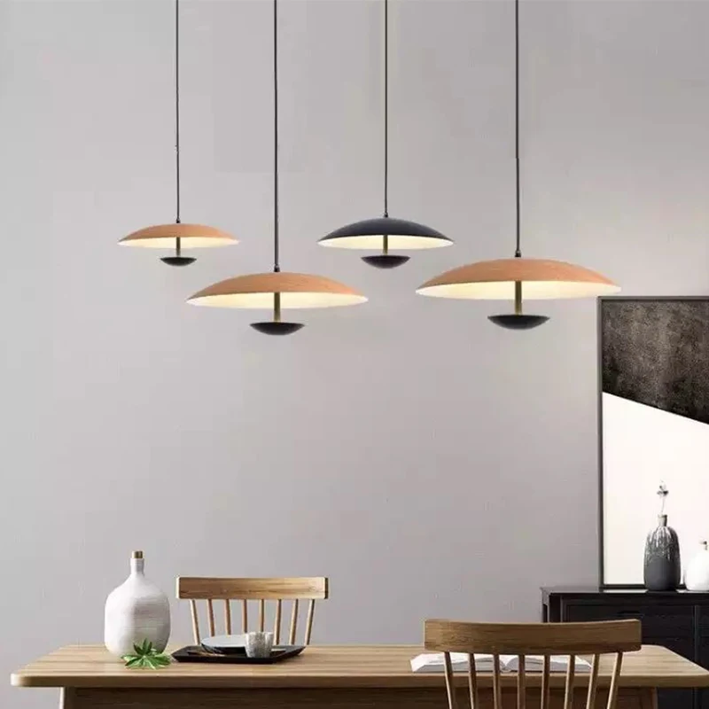 UFO Flying Saucer Round Pendant Lamp Creative Dining Room Cafe Hotel Decor Retro Pendant Light Wood Grain/Black LED Hanging Lamp