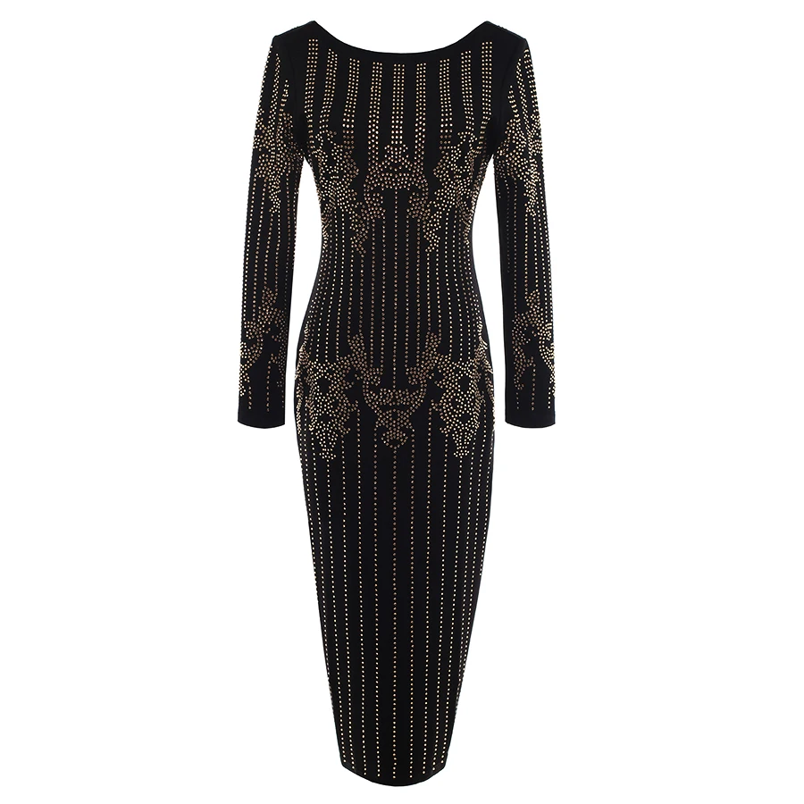 

High Quality Nice Runway Nice BAROCCO Designer Dress Women's Long Sleeve Luxurious Diamonds Beading Back V Zipper Dress