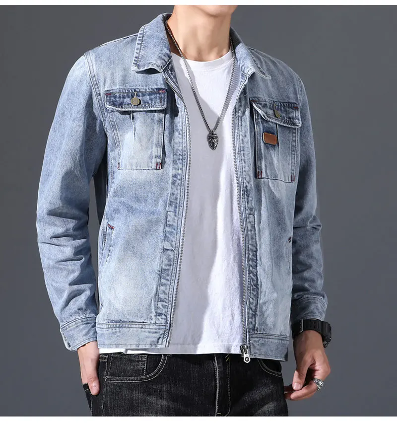Spring Denim Jacket  Men Jeans Coat Cotton Turndown Collar Long Sleeve Loose Zipper Large Size Clothes Bomber Cowboy Male Brand
