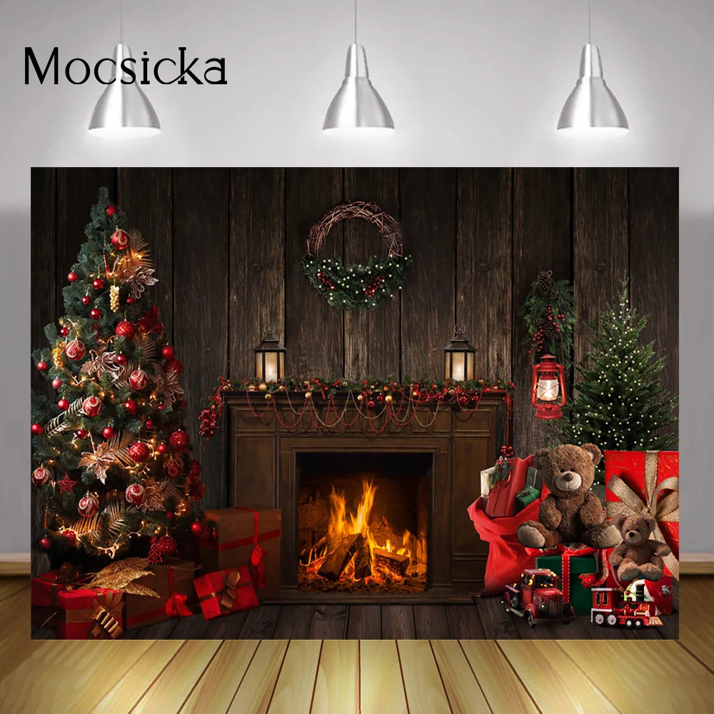 Retro Rustic Fireplace Backdrop Christmas Portrait Winter Bear Gifts Room Photography Studio Xmas Tree Wreath Birthday Art Photo