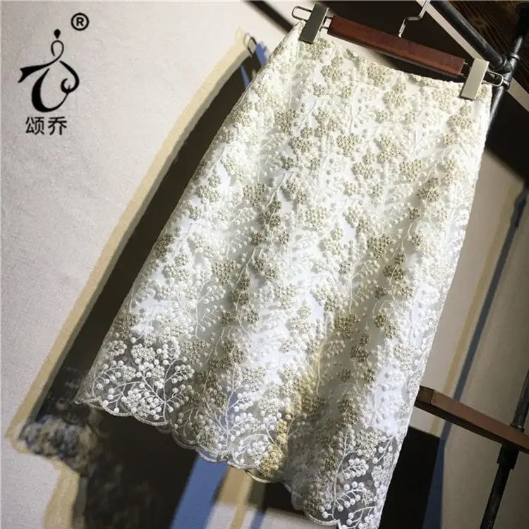 2024 Autumn Summer Mesh Embroidered Skirt Women's Summer Long High Waist A- line Skirt Woman Skirts Mujer Faldas Saias Mulher