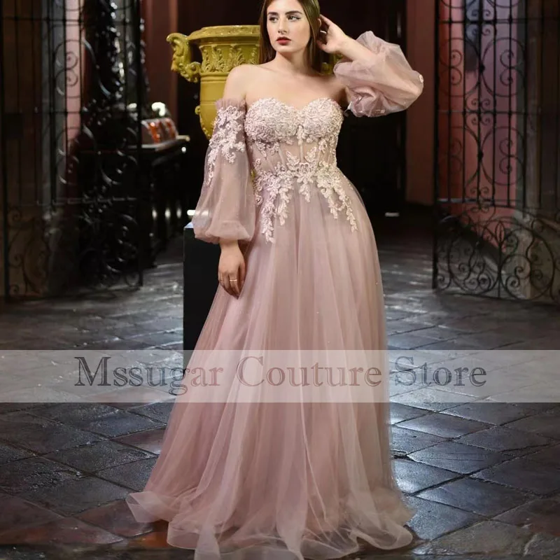 2022 Elegant Pink Prom Dresses Off Shoulder Appliques Inform Dress Robe De Soirée De Mariage