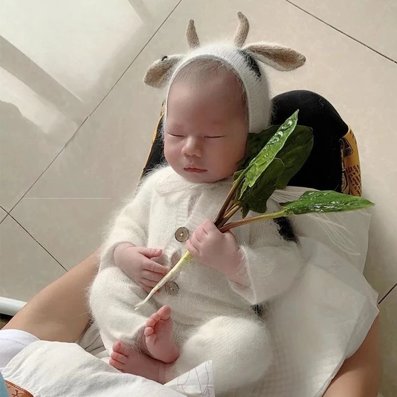 ❤️Newborn Photography Calf Clothing Ox Horn Hat+Jumpsuit+Doll 3Pcs/set Baby Photo Prop Accessories Studio Shoot Clothes Outfits