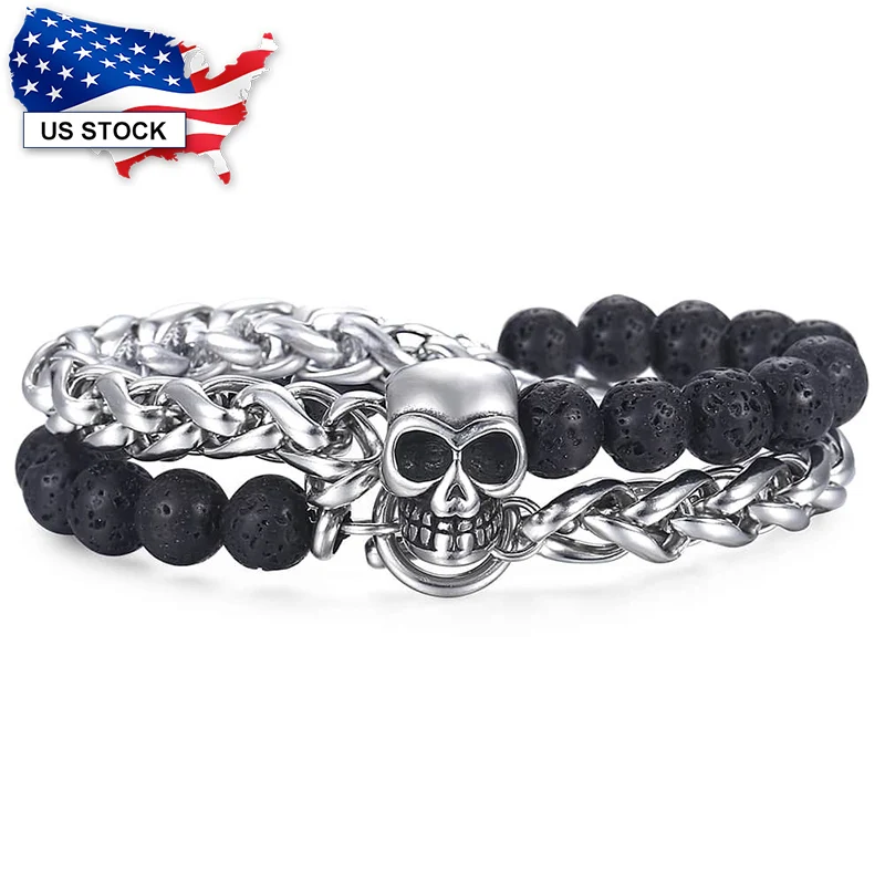 8/12mm Men Women Skull Bracelet Stainless Steel Wheat Link Double Layered Wristband Black Lava Beaded Bracelet Halloween LDB289A