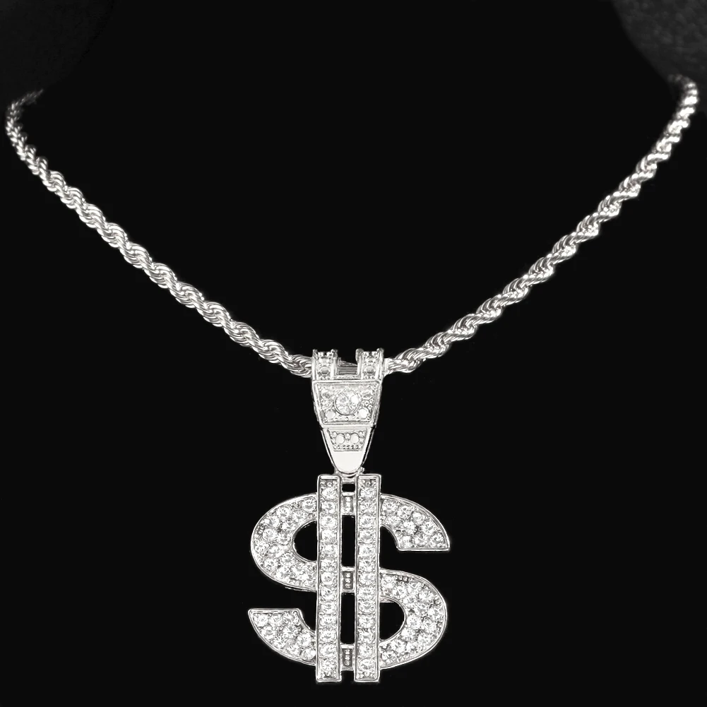 Bling Strass Dollar Anhänger Halskette Für Männer Silber Farbe Iced out 13mm Kubanischen Kette Choker Halsketten Hiphop Rap Rock schmuck – Detail 11