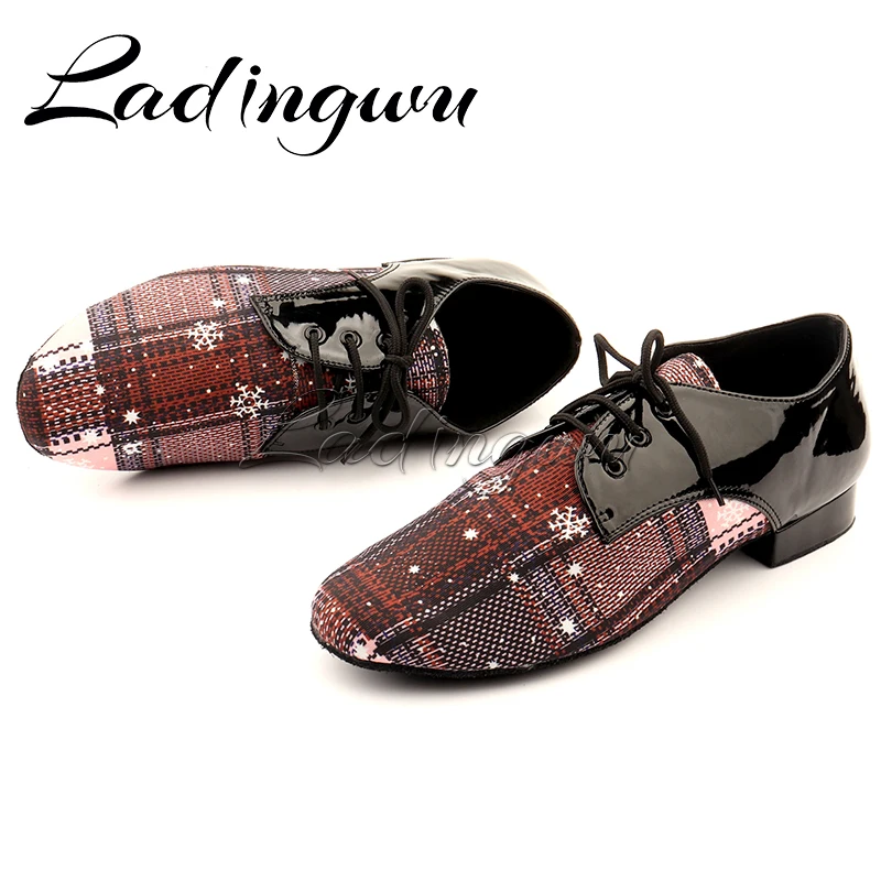 Ladingwu New Modern Men\'s Soft Bottom Latin Dance Shoes Brown Blue Denim Ballroom Waltz Samba Dance Shoes Heel 2.5/4.5cm