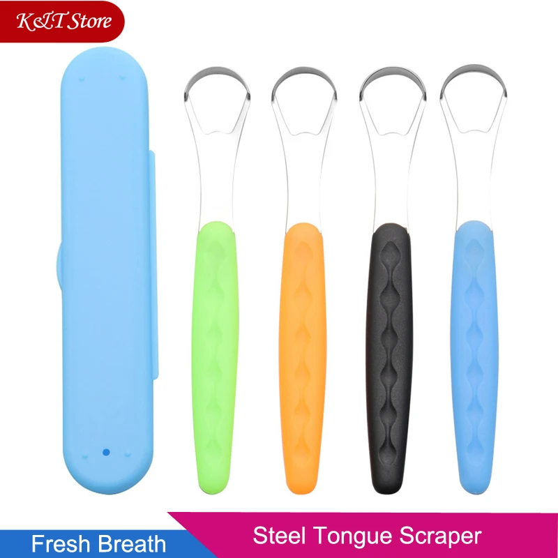 Raspador de lengua de acero inoxidable con estuche de viaje portátil, limpiador de lengua en forma de U, cepillo de lengua oral para respiración fresca de adultos