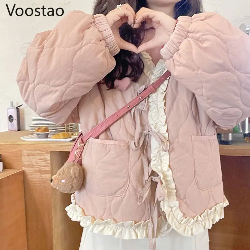 Japanese Winter Women Kawaii Loose Warm Jacket Korean Fashion Bow Bandage Thicken Cotton Padded Coats Girly Sweet Parkas Outwear