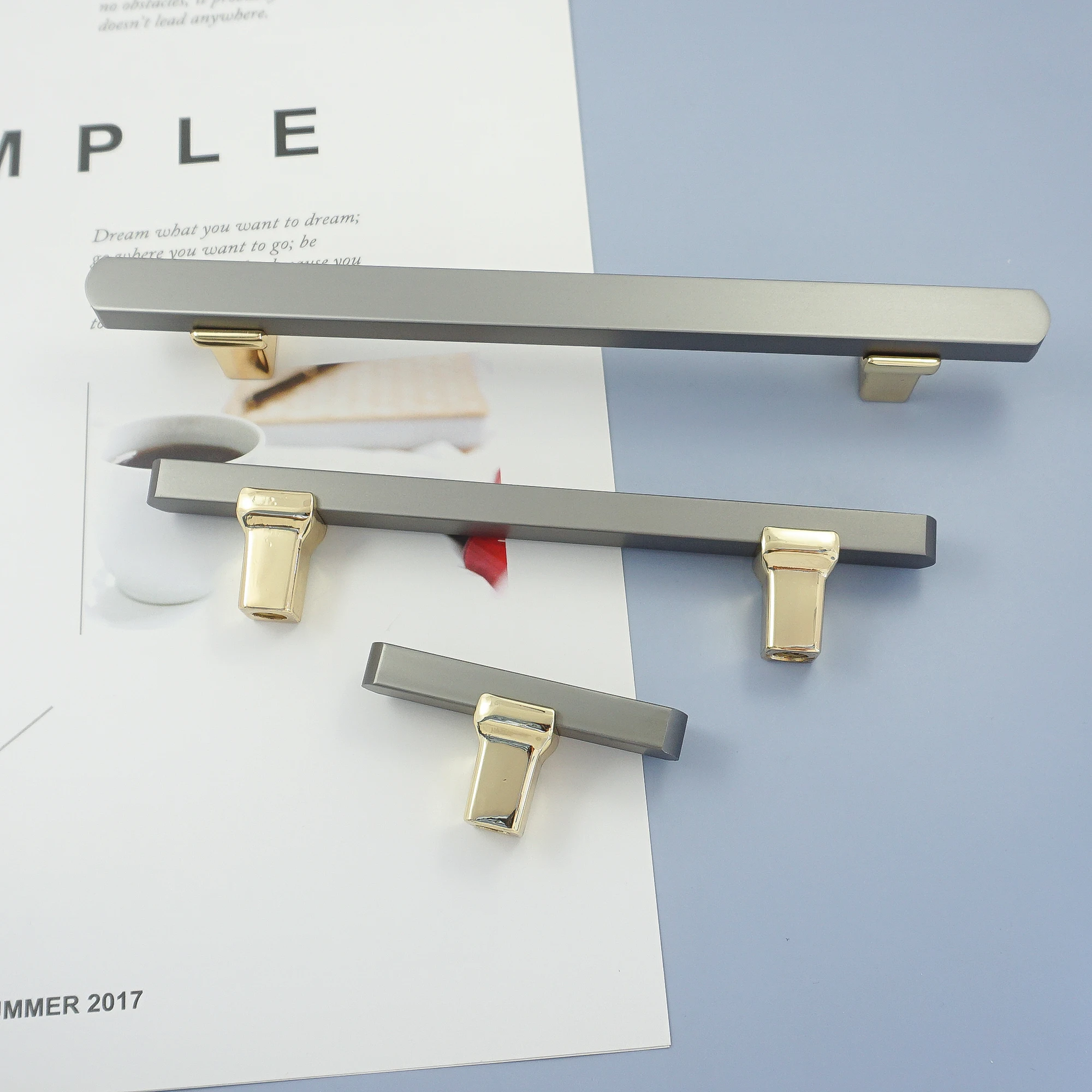 Simple Cabinet Handles Grey with Gold T Bar Wardrobe Pulls Kitchen Cupboard Door Knobs Modern Zinc Alloy Furniture Hardware