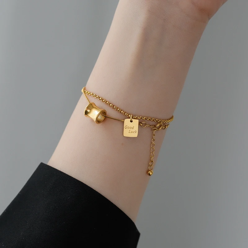 YUN RUO Yellow Gold Color Good Luck Square Bracelet Snake Chain Woman Birthday Gift 316L Titanium Steel Jewelry Not Change Color