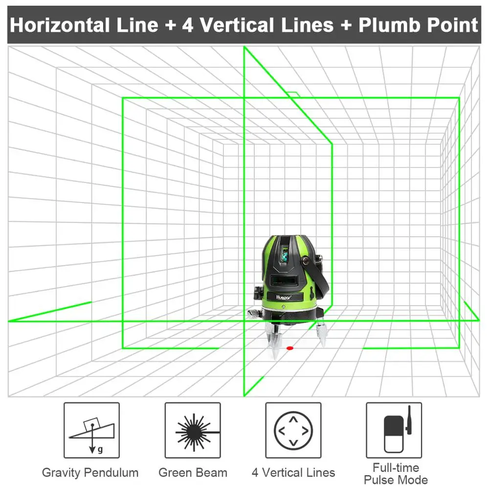 Huepar Green Beam Multi - Line Laser Level -Four Verticals and One Horizontal Line with Down Plumb Dot Self-leveling Laser Tool