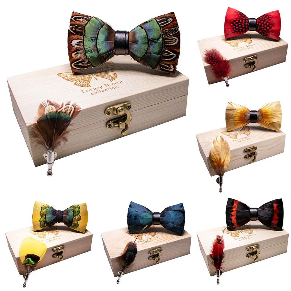 KAMBERFT 67 style New Design Natural Feather Bow tie Exquisite HandMade Mens BowTie Brooch Pin Wooden Gift Box Set for Wedding